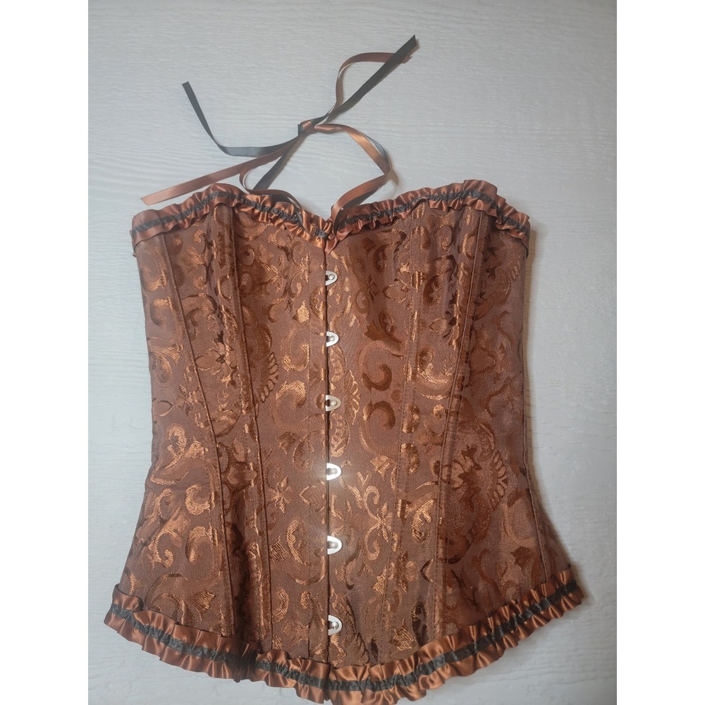 Szivyshi Brown Brocade Halter Corset Top Victorian Steampunk Lace Up Small